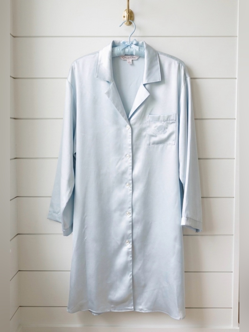 Oscar de la Renta Pink Label 2X Light Blue Women’s Satin Button Down Sleep Shirt